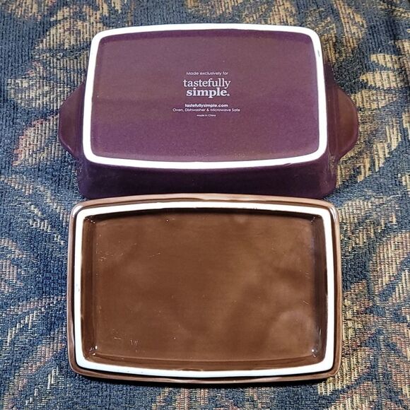 Tastefully Simple Dip Crock Bowl/ Lid Metal Stand Eggplant Serving Dish - Picture 4 of 7